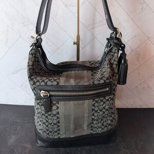 Coach Signature Stripe Hobo Shoulder Bag Black Gray Jacquard Leather G1259‑19918